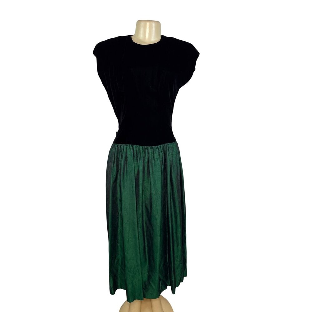 Vintage Lloyd Williams Black Velvet & Green Satin Dress With Bow Detail Sz 8